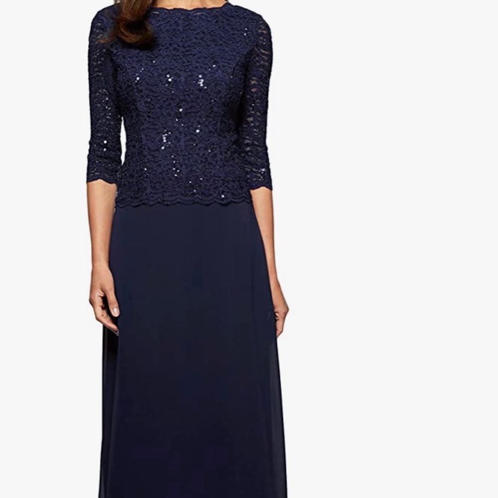 SOLD Navy blue, long dress, 3/4 sleeves, v back, hidden zipper, lined.